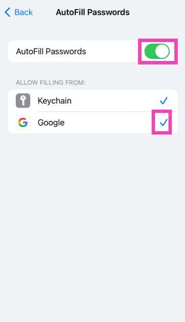 Step 6: Turn on the toggle switch for AutoFill Passwords and select Google under ‘Allow Autofilling From’.