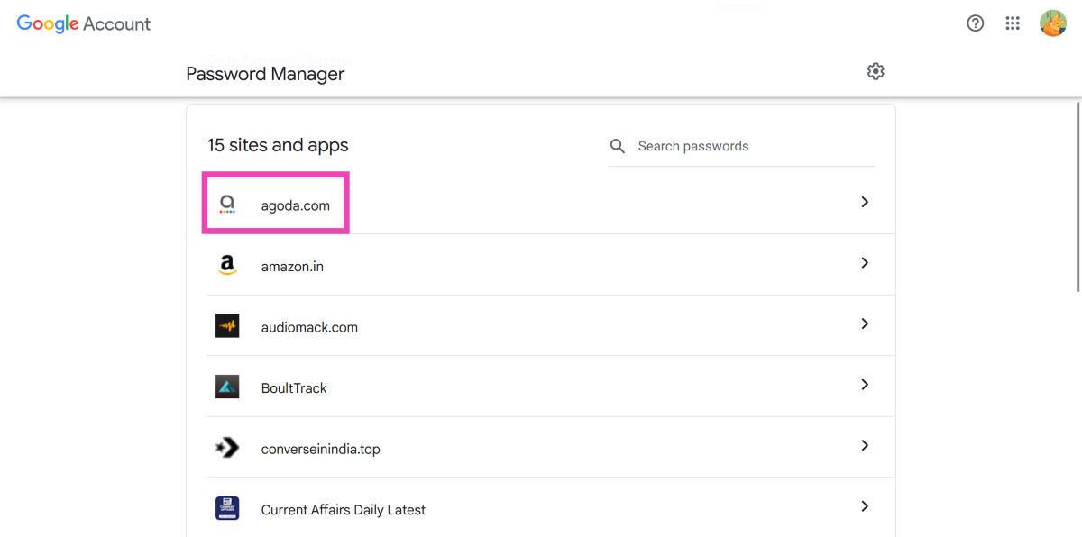 Step 3: Click on the website/app whose password you want to view.