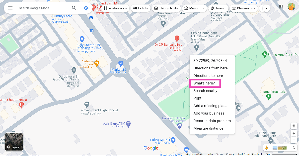 Step 2: Right-click on the location and click on ‘What’s here?’
