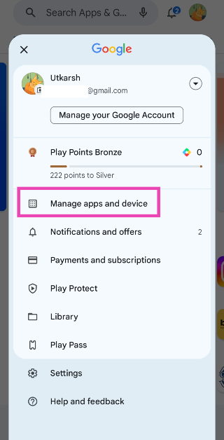 Step 2: Tap on Manage apps and device.