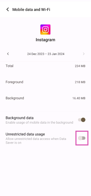 Step 4: Turn on the toggle switch for Unrestricted data usage.