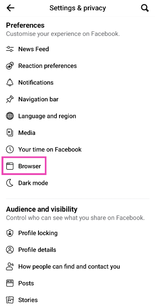 Step 5: Scroll down and select Browser.