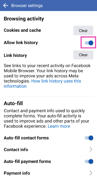 Step 6: Turn off the toggle switch for Allow link history.