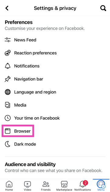 Step 5: Scroll down and select Browser. How to disable Link History on Facebook? (Android and iOS)