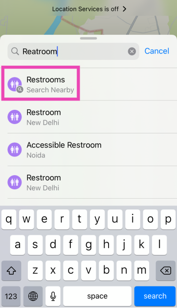 Step 3: Select Restrooms (Search Nearby).