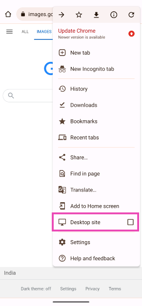 Step 2: Hit the ellipses at the top right corner of the screen and select Desktop site.