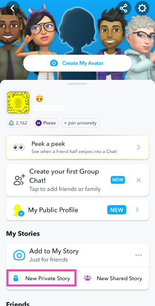 Step 2: Tap on New Private Story. Top 6 Ways to Hide Your Snapchat Story From Others (2024)