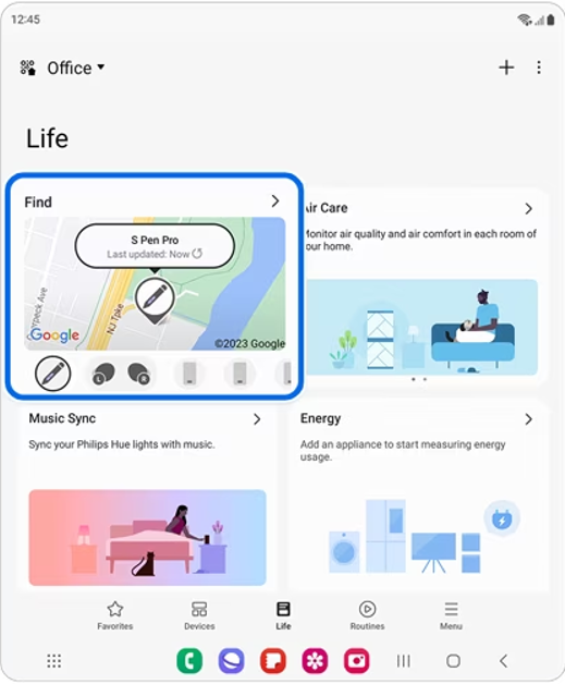 Step 1: Launch the SmartThings app and switch to the Life tab. Tap on Find.