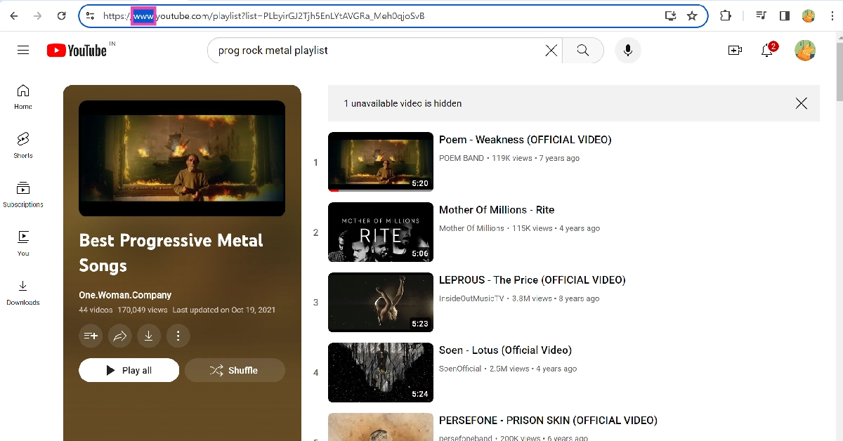 Step 2: Click the address bar and swap out ‘www’ for ‘music’. For example, if the URL of the playlist is www.youtube.com/abc, change it to music.youtube.com/abc.