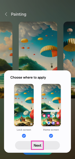 Step 10: In the pop-up box, select whether you want to make the image your home screen or lock screen wallpaper (or both). Hit Next to continue. How to create Generative AI wallpapers on your Samsung Galaxy S24?