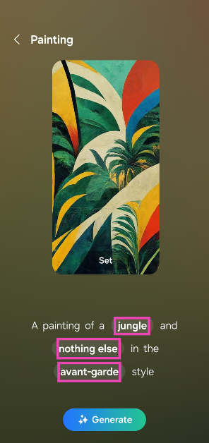 Step 6: You will be presented with a prompt along with a corresponding wallpaper. Tune the prompt by tapping the highlighted keywords and making a selection from the list.