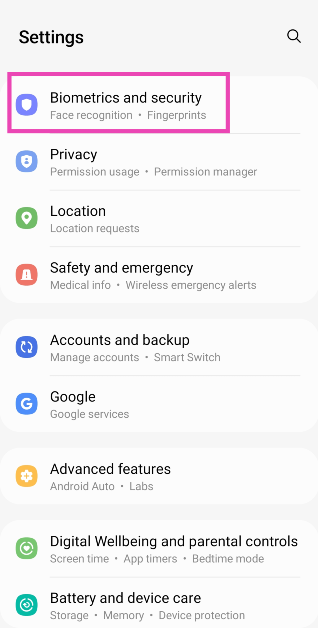 Step 2: Select Biometrics and Security settings. Top 2 ways to download mobile apps not available on Google Play Store