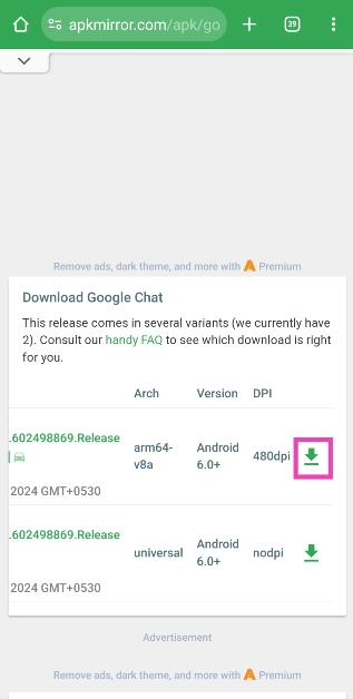 Step 4: Go through the different versions of the app and hit the green arrow next to the one want to download.