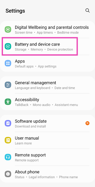 Step 1: Go to Settings and select Battery and device care.