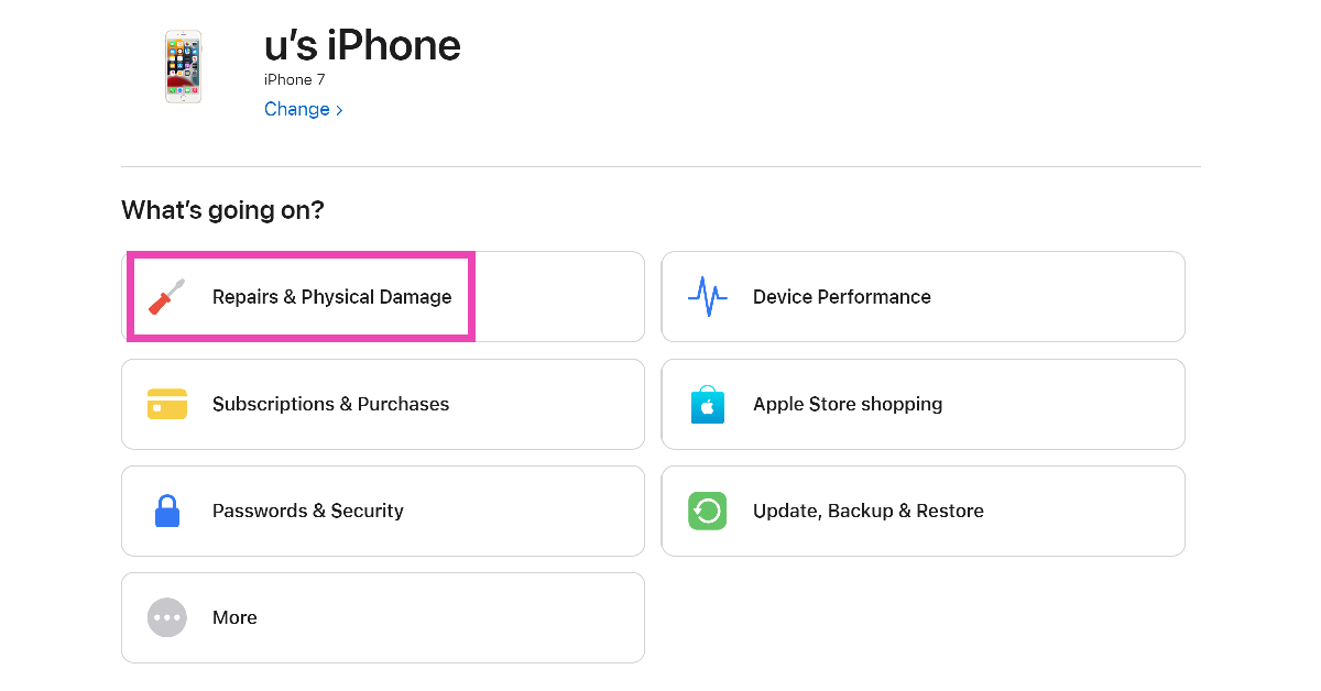 Step 3: Select the problem you are facing with your device.