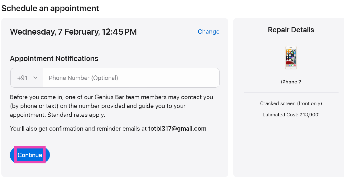 Step 9: You may enter your phone number to receive appointment notifications. This is entirely optional. Hit Continue. How to make a Genius Bar appointment at an Apple Store in the USA or UK? (2024)