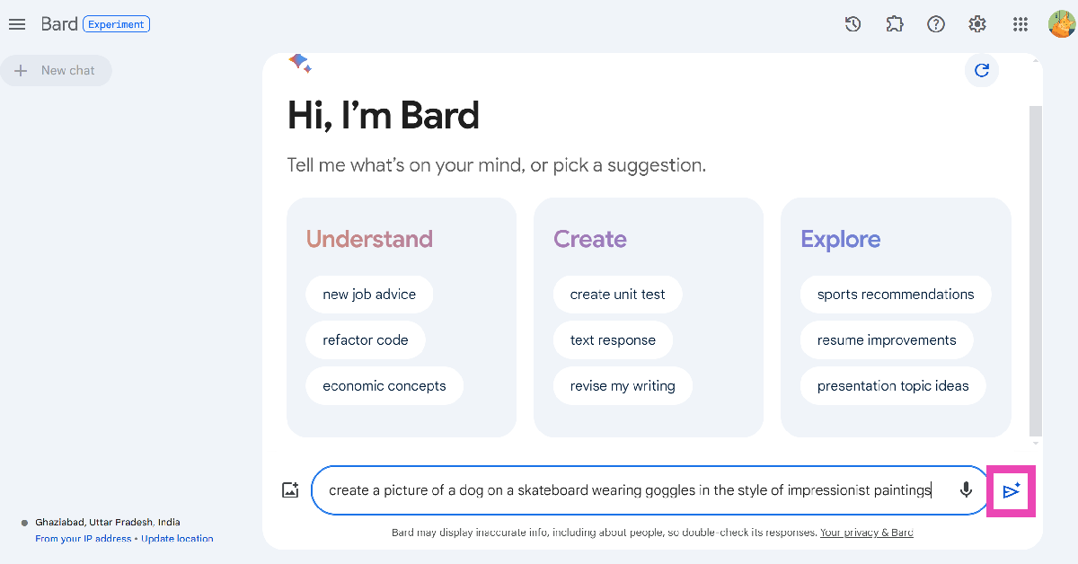 Step 2: Enter your prompt for the image in the chat box. Make sure your prompt starts with “Draw a..”, “Generate a picture..”, “Create an image..”, or something along those lines. Your prompt should make it clear that you want Bard to generate an image.