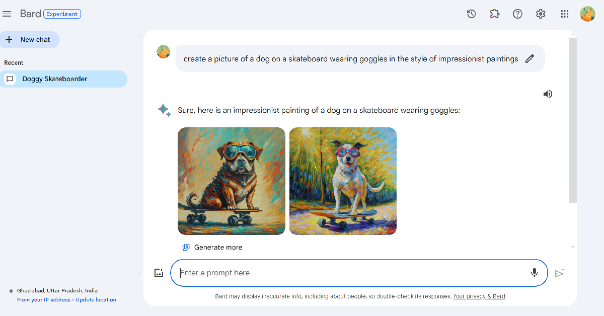 Step 5: Bard will generate two images based on your prompt. Click on an image to expand it. As of right now, Google Bard can generate images only in 512px x 512px resolution.