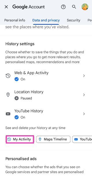 Step 4: Scroll down and tap on My Activity.