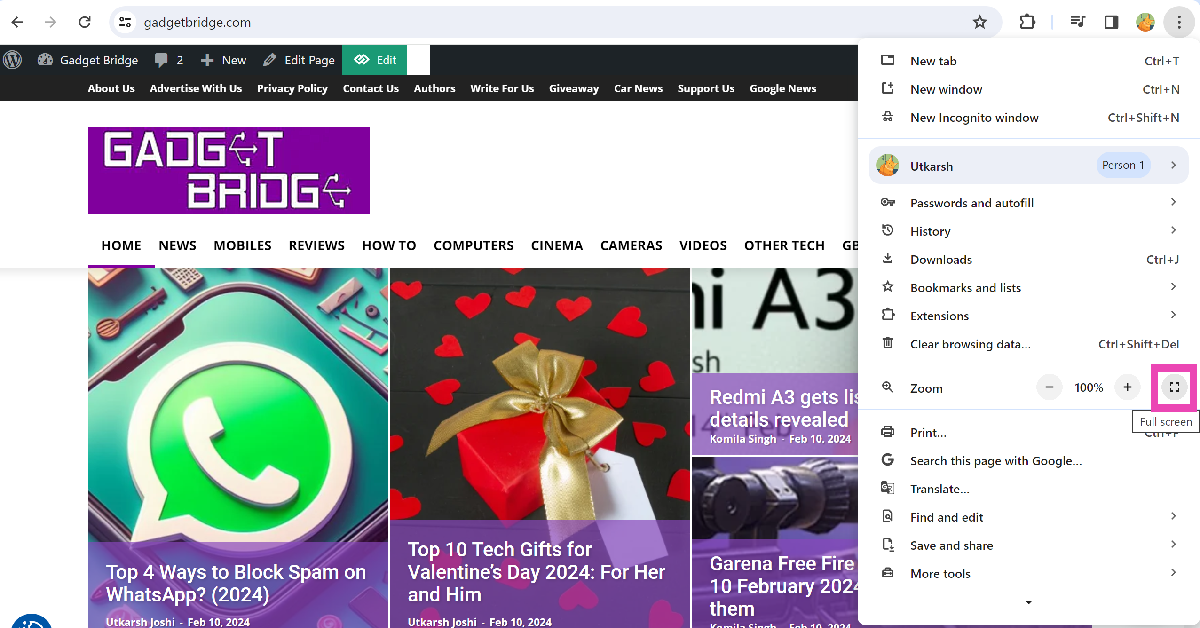 Hide tabs on Google Chrome by going full-screen