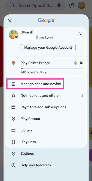 Step 3: Select Manage apps and device.