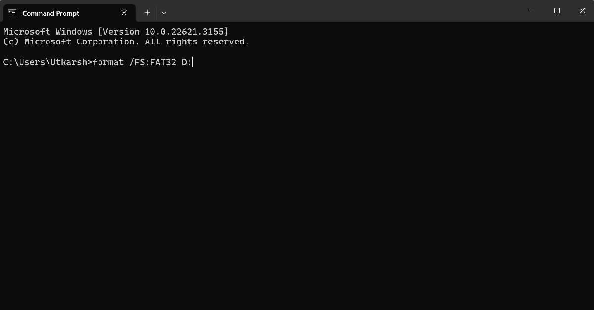 Step 3: Type the following command in Command Prompt: format /FS:FAT32 (letter of the USB drive):