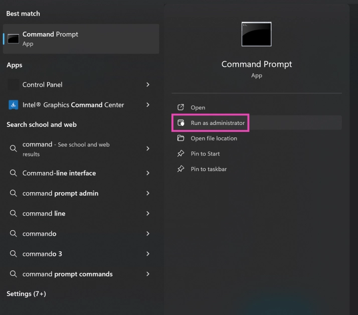 Step 1: Search for Command Prompt in the taskbar and select Run as Administrator from the results.