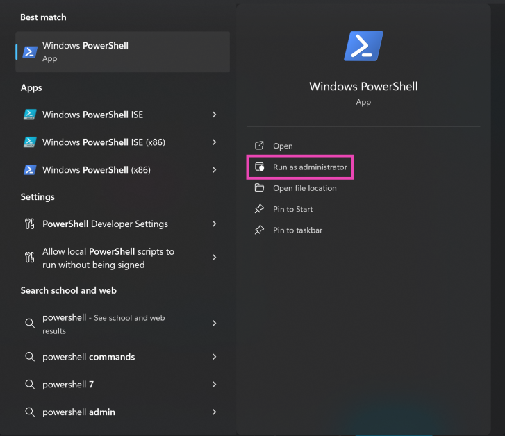 Step 1: Type Powershell into the search field in the taskbar and run it as administrator.