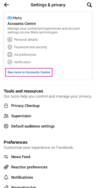 Step 3: Tap on See more in Accounts Centre. Best Ways to Download All Your Photos From Facebook