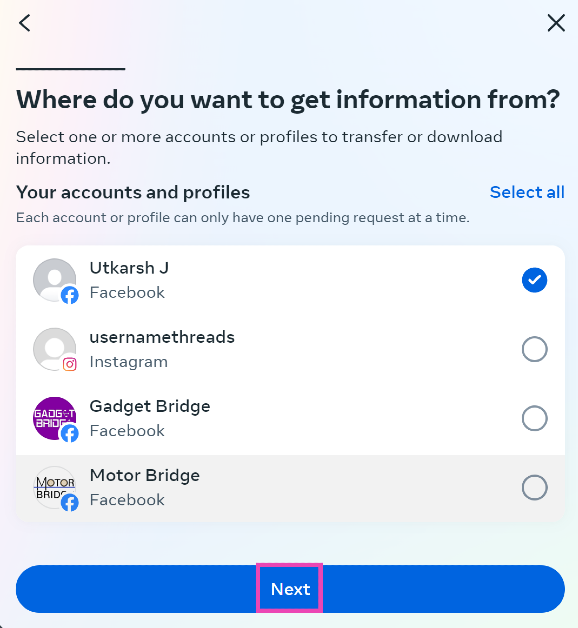 Step 8: Select the account or profile from which you want to download the images.