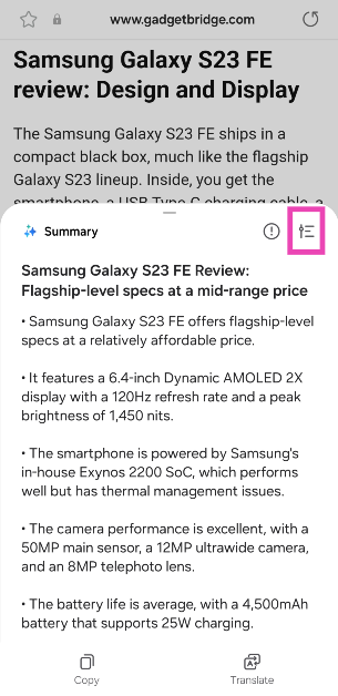 Step 10: Galaxy AI will create a brief summary of the text on the web page.