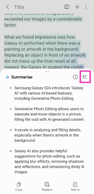 Step 5: Galaxy AI will generate a summary of the text.