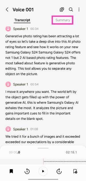 Step 4: Once the recording has been transcribed, switch to the Summary tab. This is where you will find the formatted summary along with the relevant keywords. How to use Samsung Galaxy S24’s AI tech to summarise web pages, notes, and voice notes?