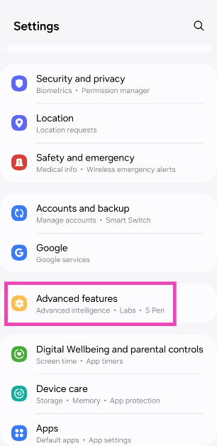 Step 1: Go to Settings and select Advanced features.