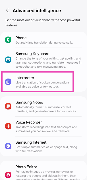 Step 3: Tap on Interpreter.
