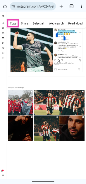 Step 4: Long press the comment to highlight its text and select Copy.