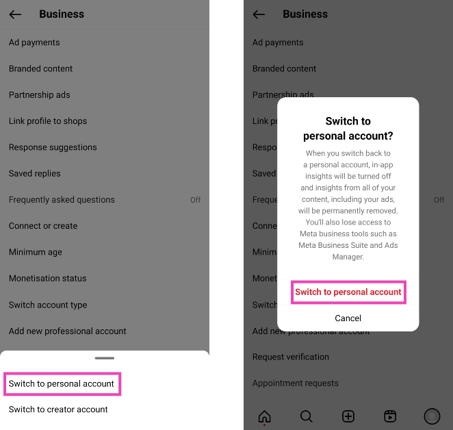 Step 6: Tap on Switch to personal/creator account.