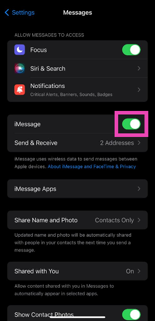 Step 2: Turn off the toggle switch for iMessage.