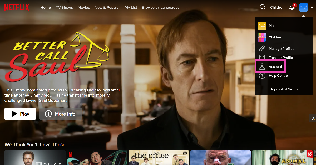 Step 2: Move the cursor to your profile picture and click on Account.