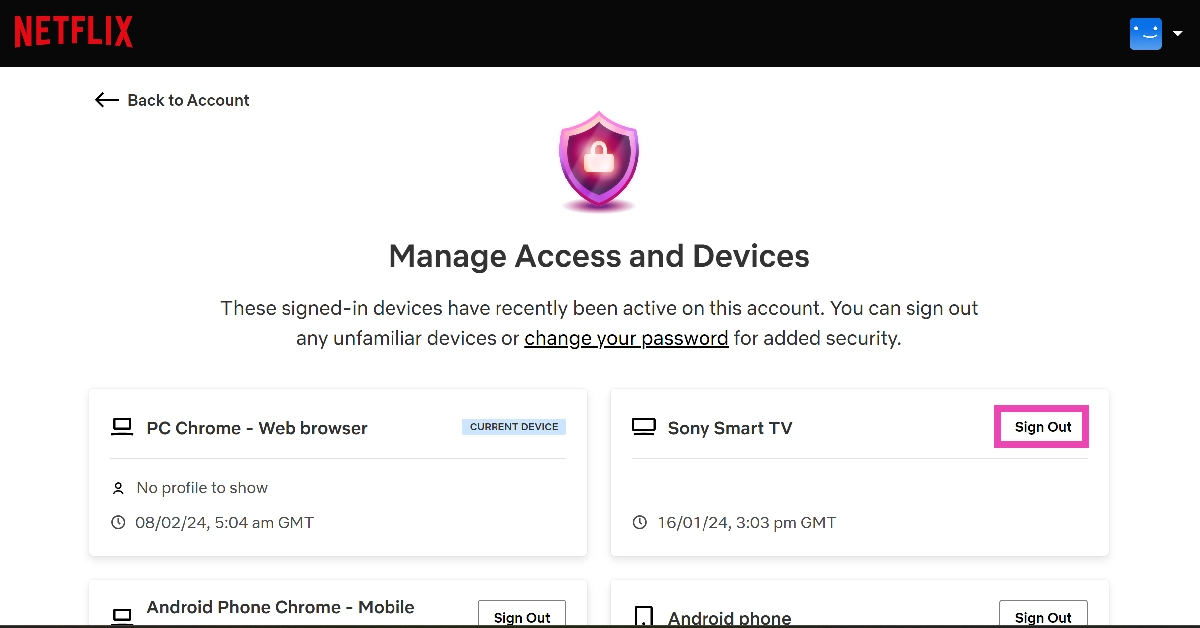 Step 4: Click on Sign Out next to your Smart TV.