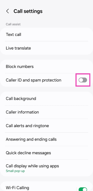 Turn on the toggle switch for Caller ID and spam protection.
