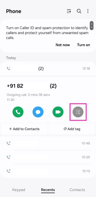 Locate the number responsible for spam calls, tap on it, and hit the options icon.
