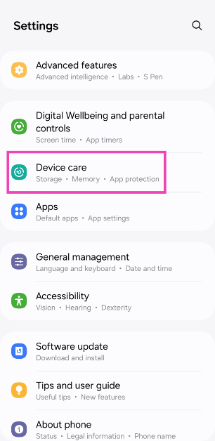 Step 1: Go to Settings and select Device care.
