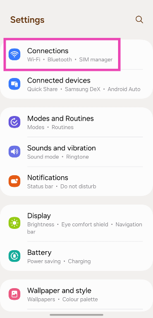Step 1: Go to Settings and select Connections.
