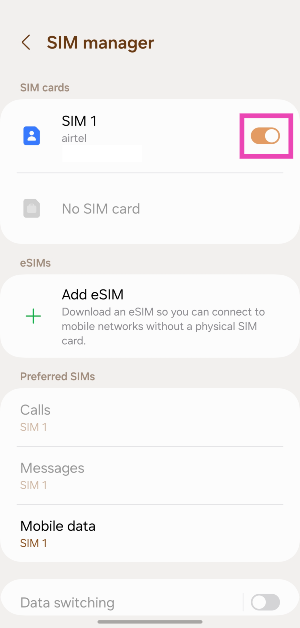 Step 3: Turn off the toggle switch for your SIM card.