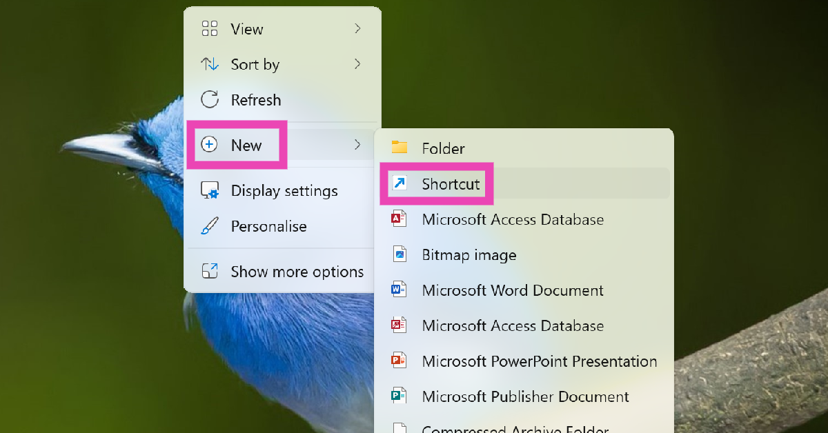 Step 2: Select New>Shortcut.