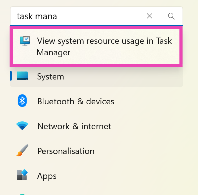 Step 2: Search for task manager in the search bar.