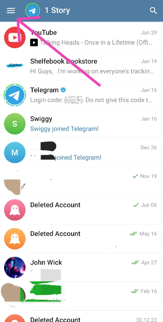 Step 1: Launch the Telegram on your phone and hit the hamburger menu at the top left corner of the screen.