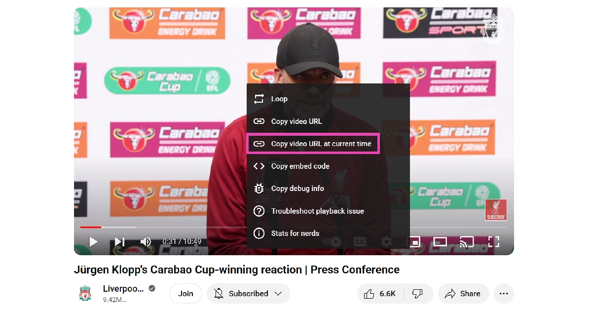 Step 4: Click on Copy video URL at current time.