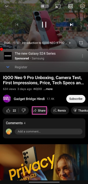 Step 1: Open the video in the YouTube app and hit the Share button. Top 4 Ways to Share a YouTube Video at a Specific Start Time